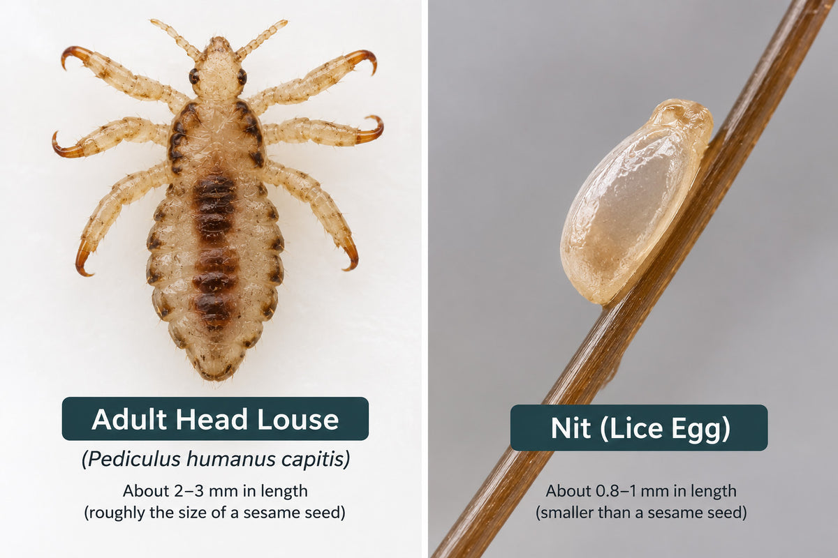 Side-by-side comparison of an adult head louse and a nit attached to a strand of hair