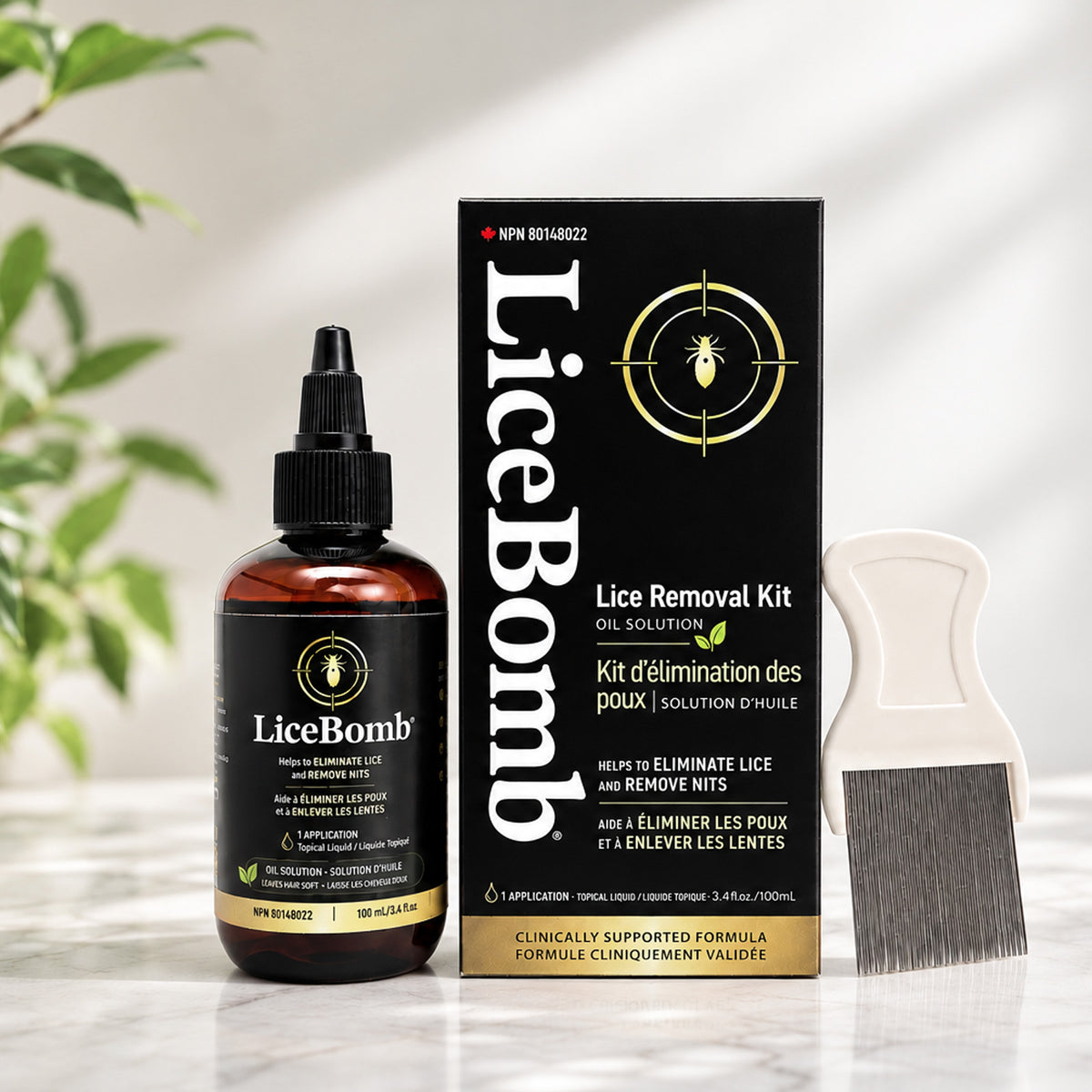 Complete LiceBomb head lice treatment kit with 100 mL solution, nit comb and two hair caps