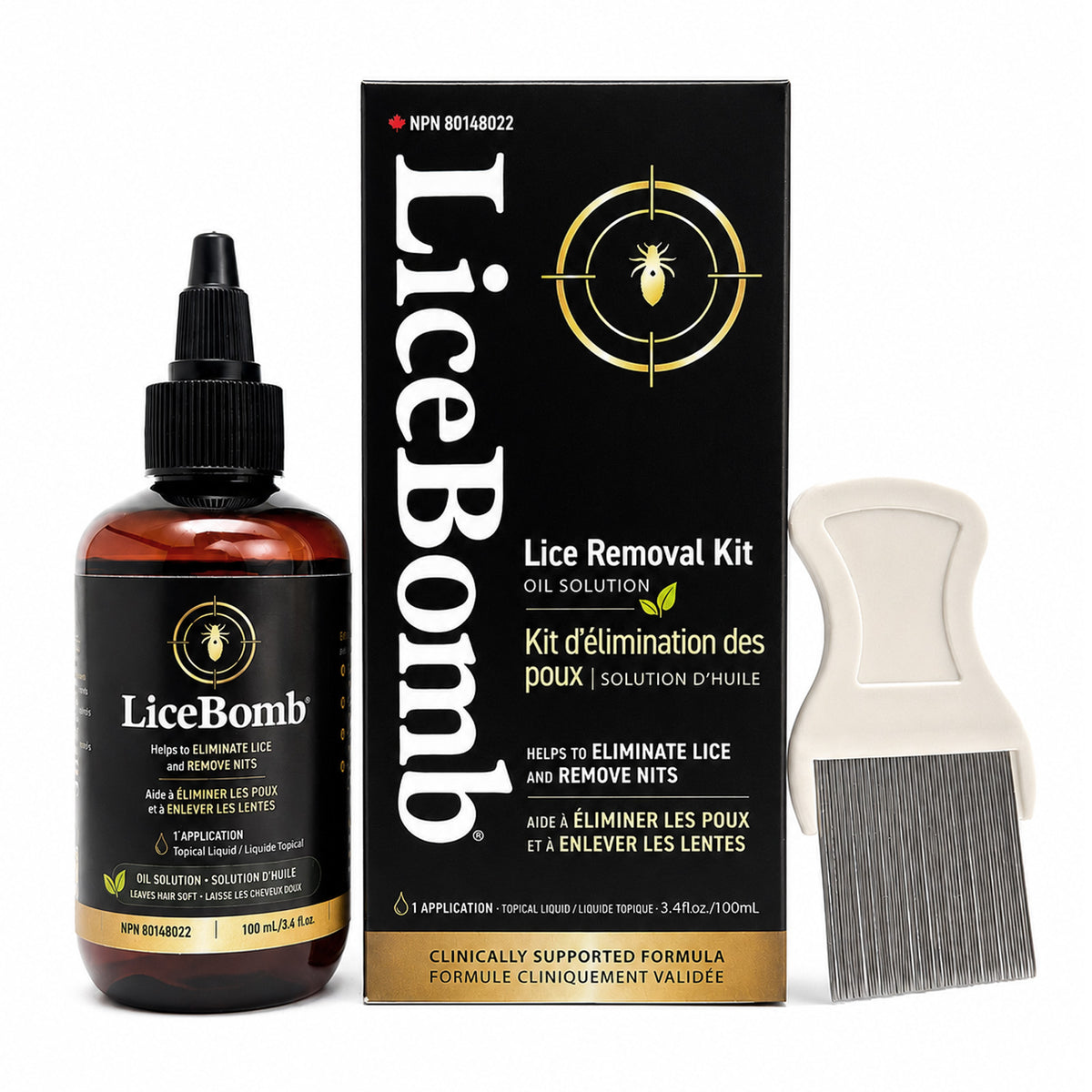 Complete LiceBomb head lice treatment kit with 100 mL solution, nit comb and two hair caps